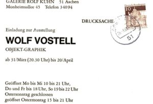 Einladung zur Ausstellungseröffnung von Wolf Vostell in der Kuhn Galerie